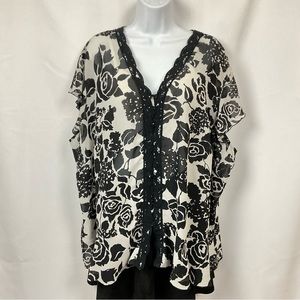 Dressbarn Womens 2X black white floral short sleeve v-neck button up sheer top